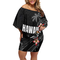 Hawaiian Halloween Skeleton Surfing Off Shoulder Short Dress Polynesian Tribal Tattoo and Hawaiian Pattern LT03 Women Black - Polynesian Pride
