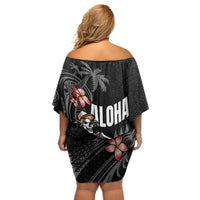 Hawaiian Halloween Skeleton Surfing Off Shoulder Short Dress Polynesian Tribal Tattoo and Hawaiian Pattern LT03 - Polynesian Pride