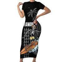 Hawaiian Halloween Skeleton Surfing Short Sleeve Bodycon Dress Polynesian Tribal Tattoo and Hawaiian Pattern