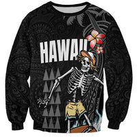 Hawaiian Halloween Skeleton Surfing Sweatshirt Polynesian Tribal Tattoo and Hawaiian Pattern