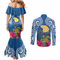Hawaii Lanai Island Couples Matching Mermaid Dress and Long Sleeve Button Shirts Hibiscus Turle and Map with Polynesian Spiral LT03 - Polynesian Pride