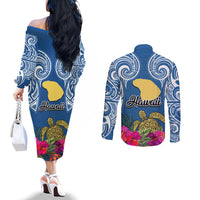 Hawaii Lanai Island Couples Matching Off The Shoulder Long Sleeve Dress and Long Sleeve Button Shirts Hibiscus Turle and Map with Polynesian Spiral LT03 - Polynesian Pride