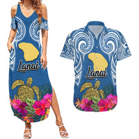 Hawaii Lanai Island Couples Matching Summer Maxi Dress and Hawaiian Shirt Hibiscus Turle and Map with Polynesian Spiral LT03 Blue - Polynesian Pride