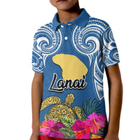 Hawaii Lanai Island Kid Polo Shirt Hibiscus Turle and Map with Polynesian Spiral LT03 Kid Blue - Polynesian Pride