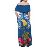 Hawaii Lanai Island Off Shoulder Maxi Dress Hibiscus Turle and Map with Polynesian Spiral LT03 - Polynesian Pride