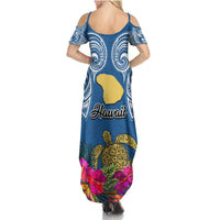 Hawaii Lanai Island Summer Maxi Dress Hibiscus Turle and Map with Polynesian Spiral LT03 - Polynesian Pride