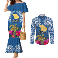 Custom Hawaii Lanai Island Couples Matching Mermaid Dress and Long Sleeve Button Shirts Hibiscus Turle and Map with Polynesian Spiral LT03 Blue - Polynesian Pride