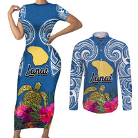 Custom Hawaii Lanai Island Couples Matching Short Sleeve Bodycon Dress and Long Sleeve Button Shirts Hibiscus Turle and Map with Polynesian Spiral LT03 Blue - Polynesian Pride