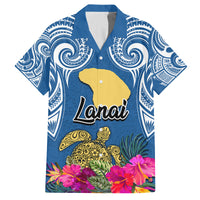 Custom Hawaii Lanai Island Family Matching Tank Maxi Dress and Hawaiian Shirt Hibiscus Turle and Map with Polynesian Spiral LT03 Dad's Shirt - Short Sleeve Blue - Polynesian Pride