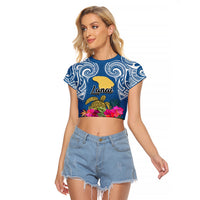 Custom Hawaii Lanai Island Raglan Cropped T Shirt Hibiscus Turle and Map with Polynesian Spiral LT03 Female Blue - Polynesian Pride