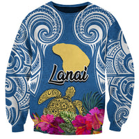 Custom Hawaii Lanai Island Sweatshirt Hibiscus Turle and Map with Polynesian Spiral LT03 Unisex Blue - Polynesian Pride