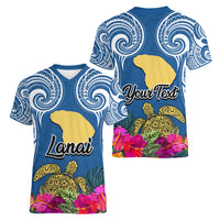 Custom Hawaii Lanai Island Women V Neck T Shirt Hibiscus Turle and Map with Polynesian Spiral LT03 - Polynesian Pride