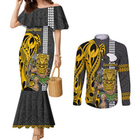 Hawaii Lanai Island Couples Matching Mermaid Dress and Long Sleeve Button Shirts Hawaiian Warrior and Kakau Symbols Abstract Tattoo LT03 Yellow - Polynesian Pride