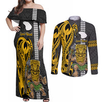 Hawaii Lanai Island Couples Matching Off Shoulder Maxi Dress and Long Sleeve Button Shirts Hawaiian Warrior and Kakau Symbols Abstract Tattoo LT03 Yellow - Polynesian Pride