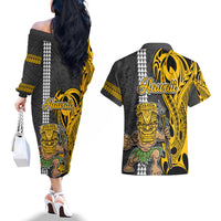 Hawaii Lanai Island Couples Matching Off The Shoulder Long Sleeve Dress and Hawaiian Shirt Hawaiian Warrior and Kakau Symbols Abstract Tattoo LT03 - Polynesian Pride