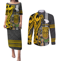 Hawaii Lanai Island Couples Matching Puletasi Dress and Long Sleeve Button Shirts Hawaiian Warrior and Kakau Symbols Abstract Tattoo LT03 Yellow - Polynesian Pride