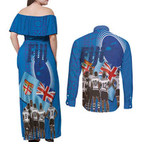 Fiji Rugby Sevens Couples Matching Off Shoulder Maxi Dress and Long Sleeve Button Shirt Commemorate Gold Medal - Rio de Janeiro 2016