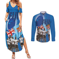 Fiji Rugby Sevens Couples Matching Summer Maxi Dress and Long Sleeve Button Shirt Commemorate Gold Medal - Rio de Janeiro 2016