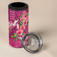 Hawaiian Turtle Love Couple 4 in 1 Can Cooler Tumbler Sweet Hibiscus and Kakau Pattern Rose Color