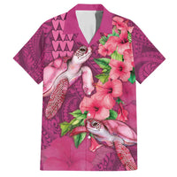 Hawaiian Turtle Love Couple Family Matching Off Shoulder Short Dress and Hawaiian Shirt - Sweet Hibiscus and Kakau Pattern Rose Color