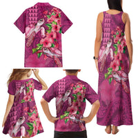 Hawaiian Turtle Love Couple Family Matching Tank Maxi Dress and Hawaiian Shirt - Sweet Hibiscus and Kakau Pattern Rose Color