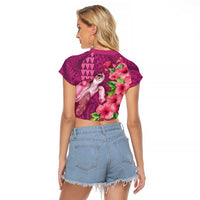 Hawaiian Turtle Love Couple Raglan Cropped T Shirt - Sweet Hibiscus and Kakau Pattern Rose Color