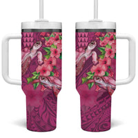 Hawaiian Turtle Love Couple Tumbler With Handle Sweet Hibiscus and Kakau Pattern Rose Color