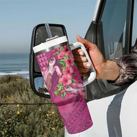 Hawaiian Turtle Love Couple Tumbler With Handle Sweet Hibiscus and Kakau Pattern Rose Color