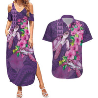 Hawaiian Turtle Love Couple Couples Matching Summer Maxi Dress and Hawaiian Shirt - Sweet Hibiscus and Kakau Pattern Deep Purple Color