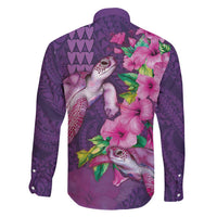 Hawaiian Turtle Love Couple Family Matching Long Sleeve Bodycon Dress and Hawaiian Shirt - Sweet Hibiscus and Kakau Pattern Deep Purple Color