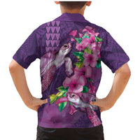 Hawaiian Turtle Love Couple Family Matching Mermaid Dress and Hawaiian Shirt - Sweet Hibiscus and Kakau Pattern Deep Purple Color