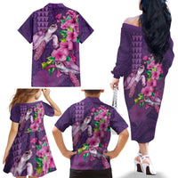 Hawaiian Turtle Love Couple Family Matching Off The Shoulder Long Sleeve Dress and Hawaiian Shirt - Sweet Hibiscus and Kakau Pattern Deep Purple Color