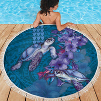 Hawaiian Turtle Love Couple Beach Blanket - Sweet Hibiscus and Kakau Pattern Sapphire Color