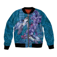 Hawaiian Turtle Love Couple Bomber Jacket - Sweet Hibiscus and Kakau Pattern Sapphire Color