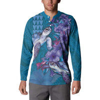 Hawaiian Turtle Love Couple Button Sweatshirt - Sweet Hibiscus and Kakau Pattern Sapphire Color