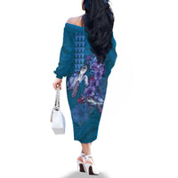 Hawaiian Turtle Love Couple Family Matching Off The Shoulder Long Sleeve Dress and Hawaiian Shirt - Sweet Hibiscus and Kakau Pattern Sapphire Color