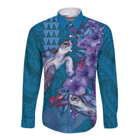 Hawaiian Turtle Love Couple Long Sleeve Button Shirt - Sweet Hibiscus and Kakau Pattern Sapphire Color LT03 Unisex Blue - Polynesian Pride