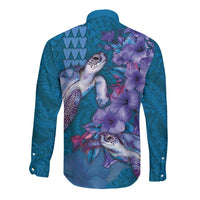 Hawaiian Turtle Love Couple Long Sleeve Button Shirt - Sweet Hibiscus and Kakau Pattern Sapphire Color LT03 - Polynesian Pride