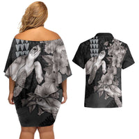 Hawaiian Turtle Love Couple Couples Matching Off Shoulder Short Dress and Hawaiian Shirt - Sweet Hibiscus and Kakau Pattern Grayscale Color