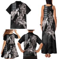 Hawaiian Turtle Love Couple Family Matching Tank Maxi Dress and Hawaiian Shirt - Sweet Hibiscus and Kakau Pattern Grayscale Color