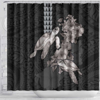 Hawaiian Turtle Love Couple Shower Curtain - Sweet Hibiscus and Kakau Pattern Grayscale Color