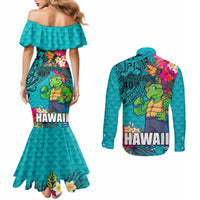 Hawaii Great Aloha Run 40th Anniversary Couples Matching Mermaid Dress and Long Sleeve Button Shirt With Turtle Mascot Marathon Hibiscus and Kakau LT03 - Polynesian Pride