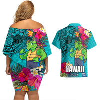 Hawaii Great Aloha Run 40th Anniversary Couples Matching Off Shoulder Short Dress and Hawaiian Shirt With Turtle Mascot Marathon Hibiscus and Kakau LT03 - Polynesian Pride