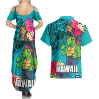 Hawaii Great Aloha Run 40th Anniversary Couples Matching Summer Maxi Dress and Hawaiian Shirt With Turtle Mascot Marathon Hibiscus and Kakau LT03 - Polynesian Pride