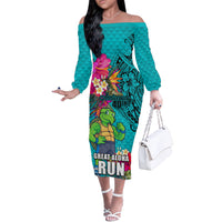 Hawaii Great Aloha Run 40th Anniversary Off The Shoulder Long Sleeve Dress With Turtle Mascot Marathon Hibiscus and Kakau LT03 Women Turquoise - Polynesian Pride