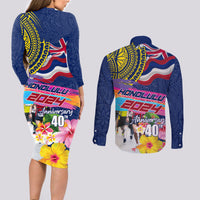 Hawaii Great Aloha Run 40th Anniversary Couples Matching Long Sleeve Bodycon Dress and Long Sleeve Button Shirt Hibiscus and Kakau Pattern LT03 - Polynesian Pride