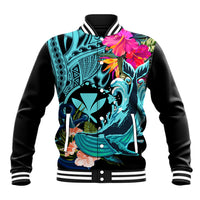 Hawaii Baseball Jacket Whale Mix Hibiscus and Kanaka Maoli LT03 Unisex Black - Polynesian Pride