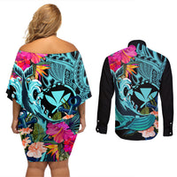Hawaii Couples Matching Off Shoulder Short Dress and Long Sleeve Button Shirt Whale Mix Hibiscus and Kanaka Maoli LT03 - Polynesian Pride