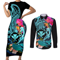 Hawaii Couples Matching Short Sleeve Bodycon Dress and Long Sleeve Button Shirt Whale Mix Hibiscus and Kanaka Maoli LT03 Black - Polynesian Pride