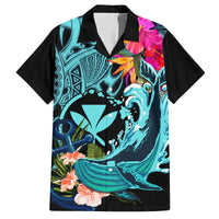 Hawaii Family Matching Off Shoulder Maxi Dress and Hawaiian Shirt Whale Mix Hibiscus and Kanaka Maoli LT03 Dad's Shirt - Short Sleeve Black - Polynesian Pride